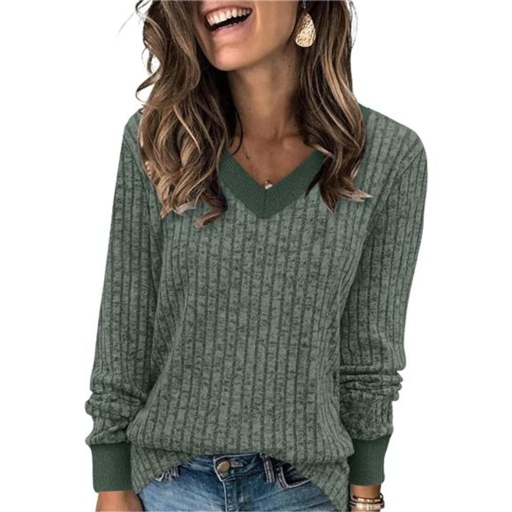 Womens V Neck Color Block Long Sleeve Tunic Sweater Fall Lightweight Top Casual